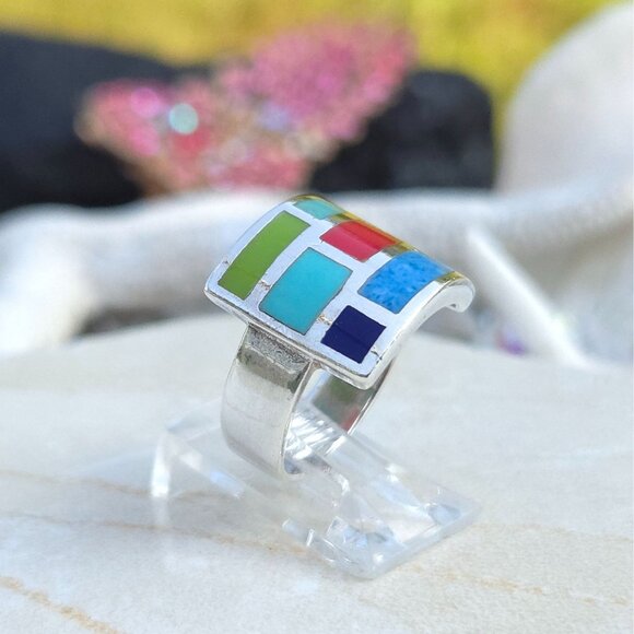 Vintage Native American Multi-Stoned Sterling Silver Ring - Picture 6 of 12